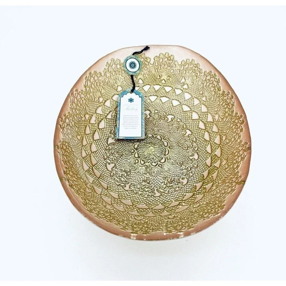 Turkish Glass Pink Oval Bowl Serving Salad Dinner Gold Lace Print Handmade NWT